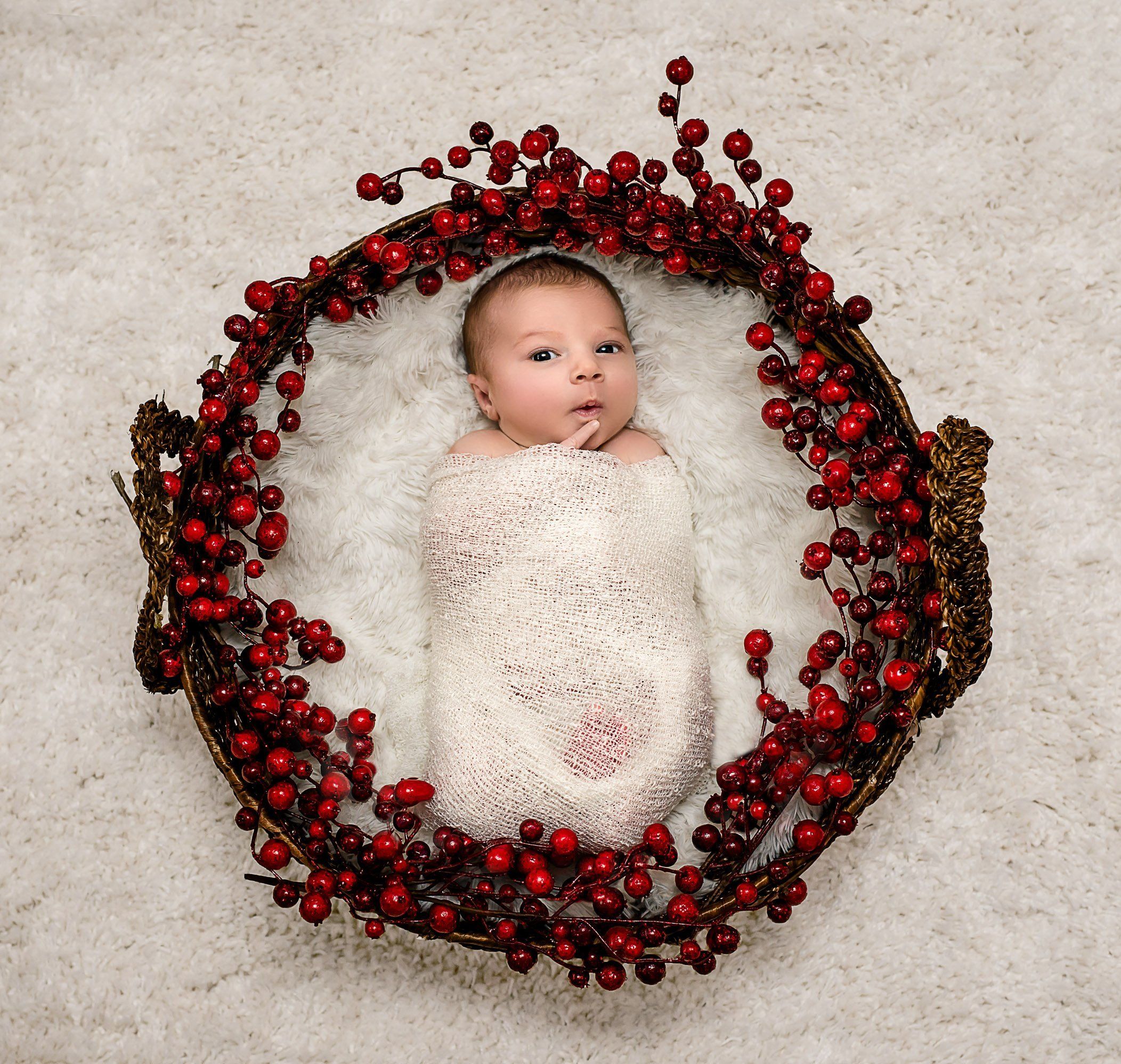newborn baby wrapped in white blanket lying in a basket surrounded by christmas berries Glastonbury CT Newborn Photographer One Big Happy Photo www.onebighappyphoto.com/newborns