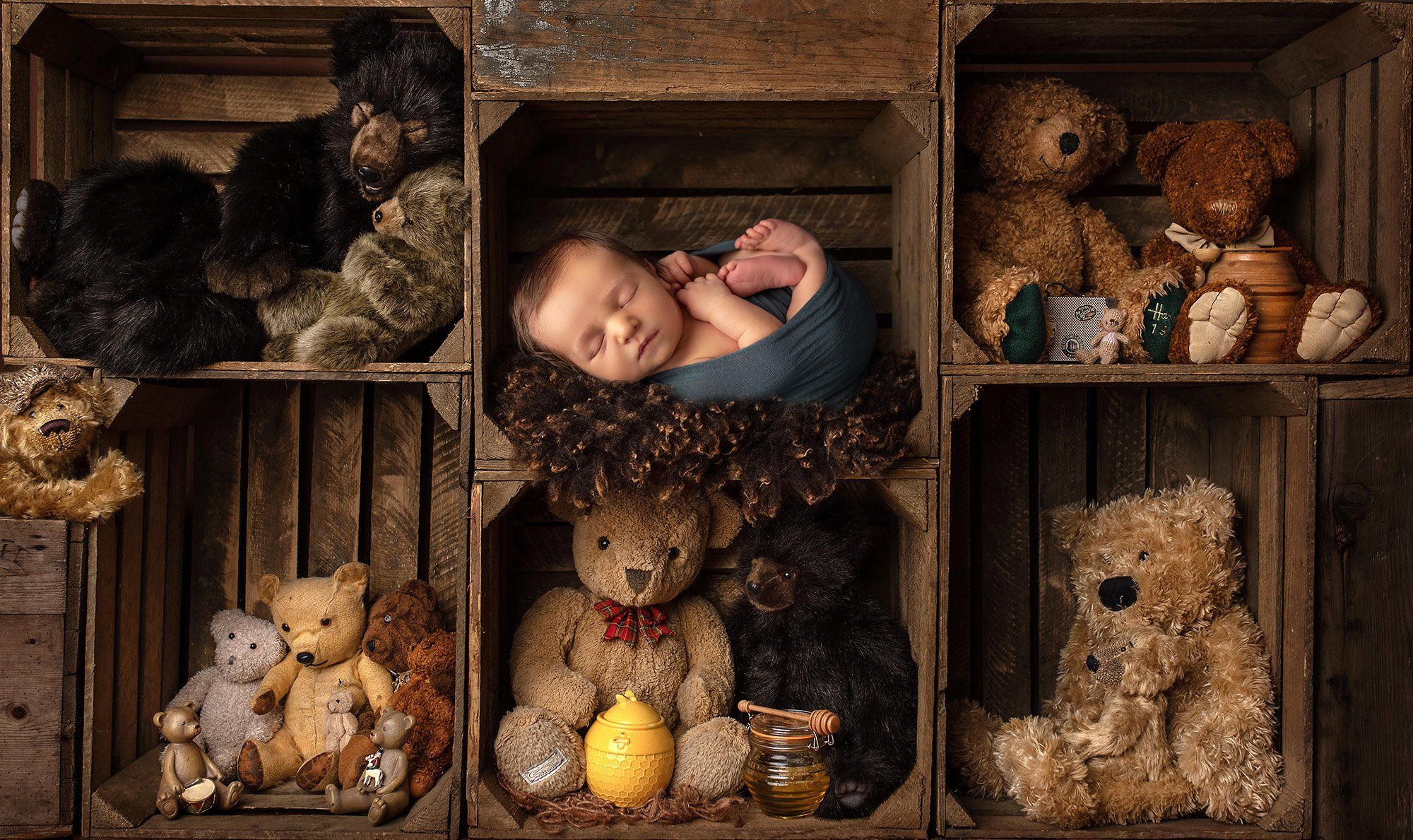 newborn baby boy tucked away in a rustic cubby full of bear stuffed animals and honey pots