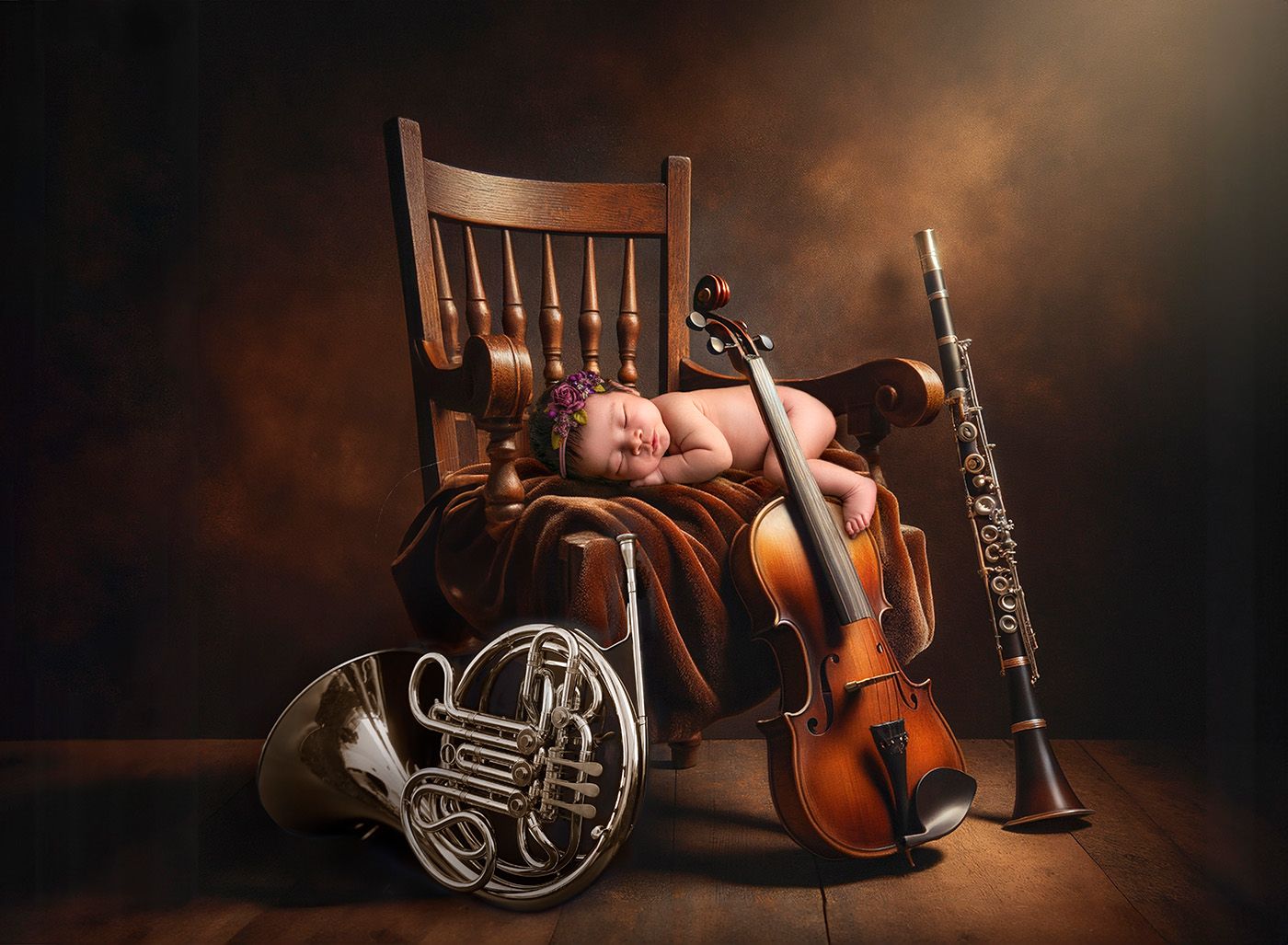 Luxury Newborn Photography newborn baby sleeping on a chair next to a violin, oboe and french horn