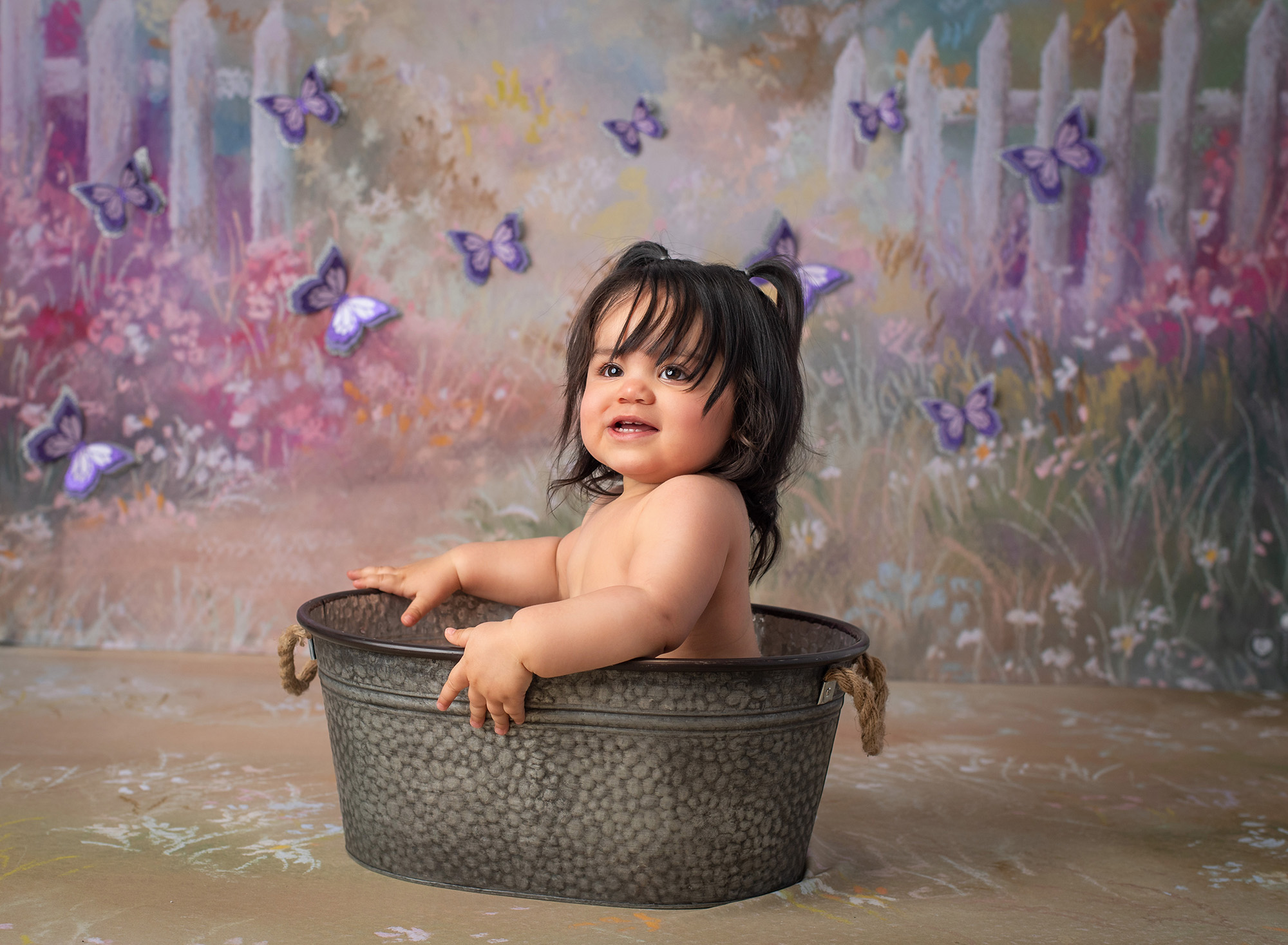 One Year Old Photo Session one year old baby girl in pigtails sitting inside rustic tub with butterfly background