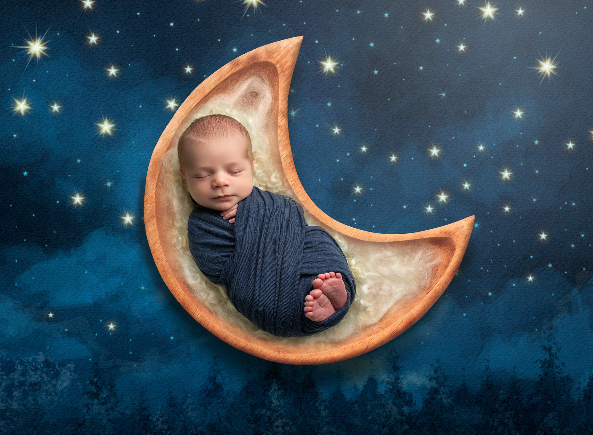 Glastonbury newborn photographer newborn baby boy asleep in crescent moon on moonlit background