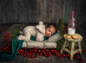 sweet newborn baby boy laying on miniature bed surrounded by a cranberry vine with a glass of milk and cookies on a stool beside him