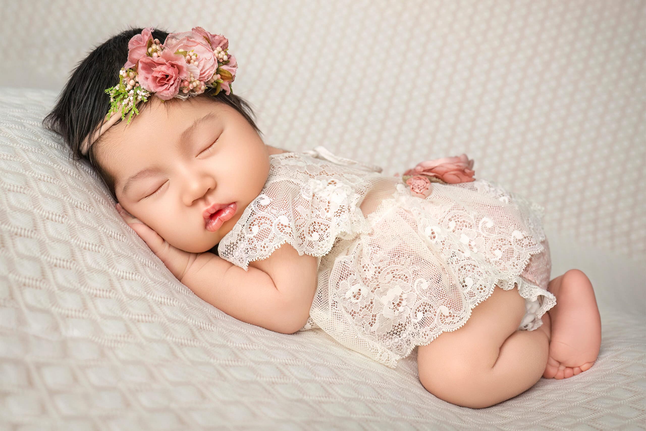 CT baby photographer newborn baby sleeping in a lace outfit