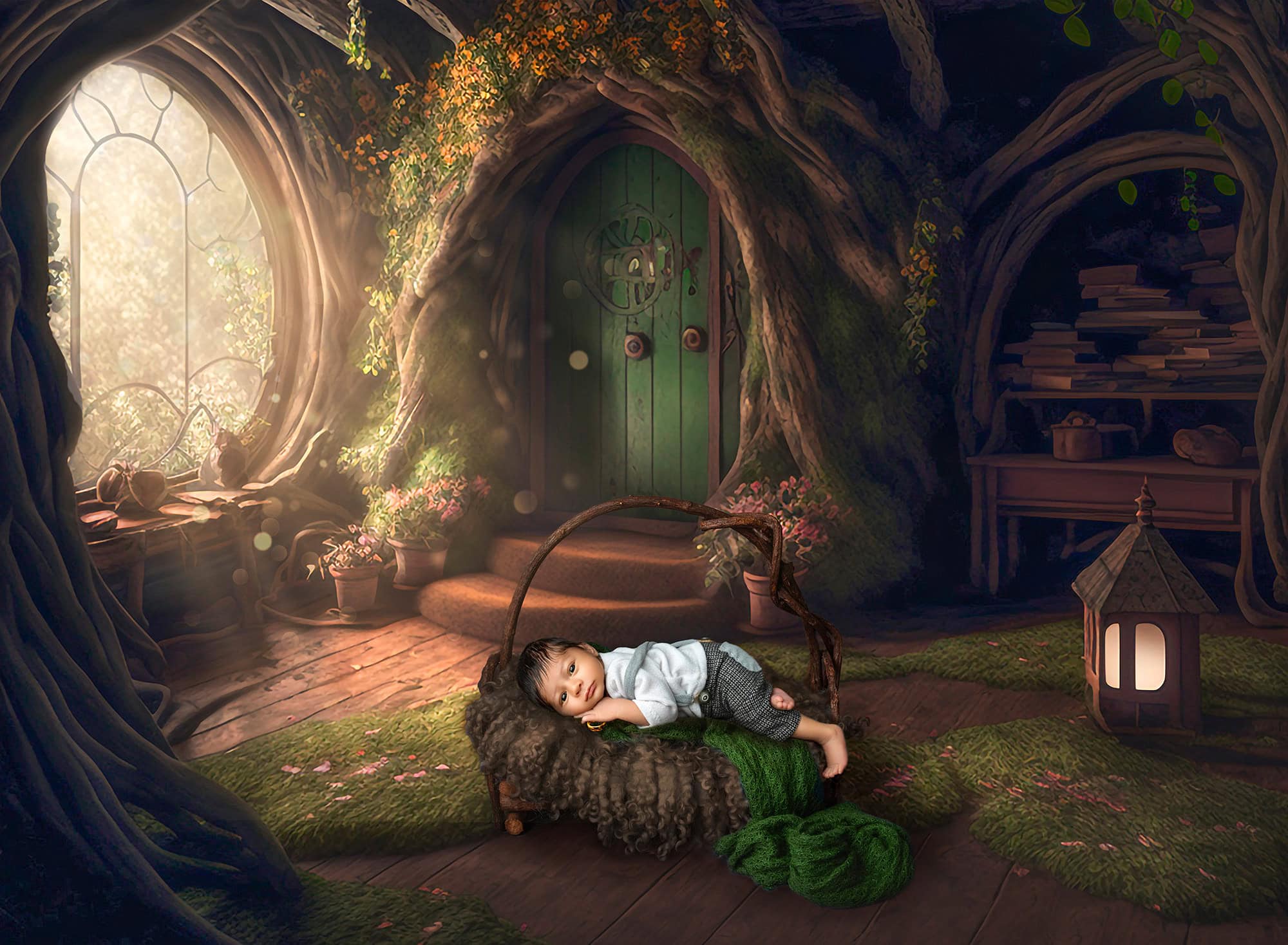Glastonbury baby photographer newborn baby lying down on a bed in a hobbit house
