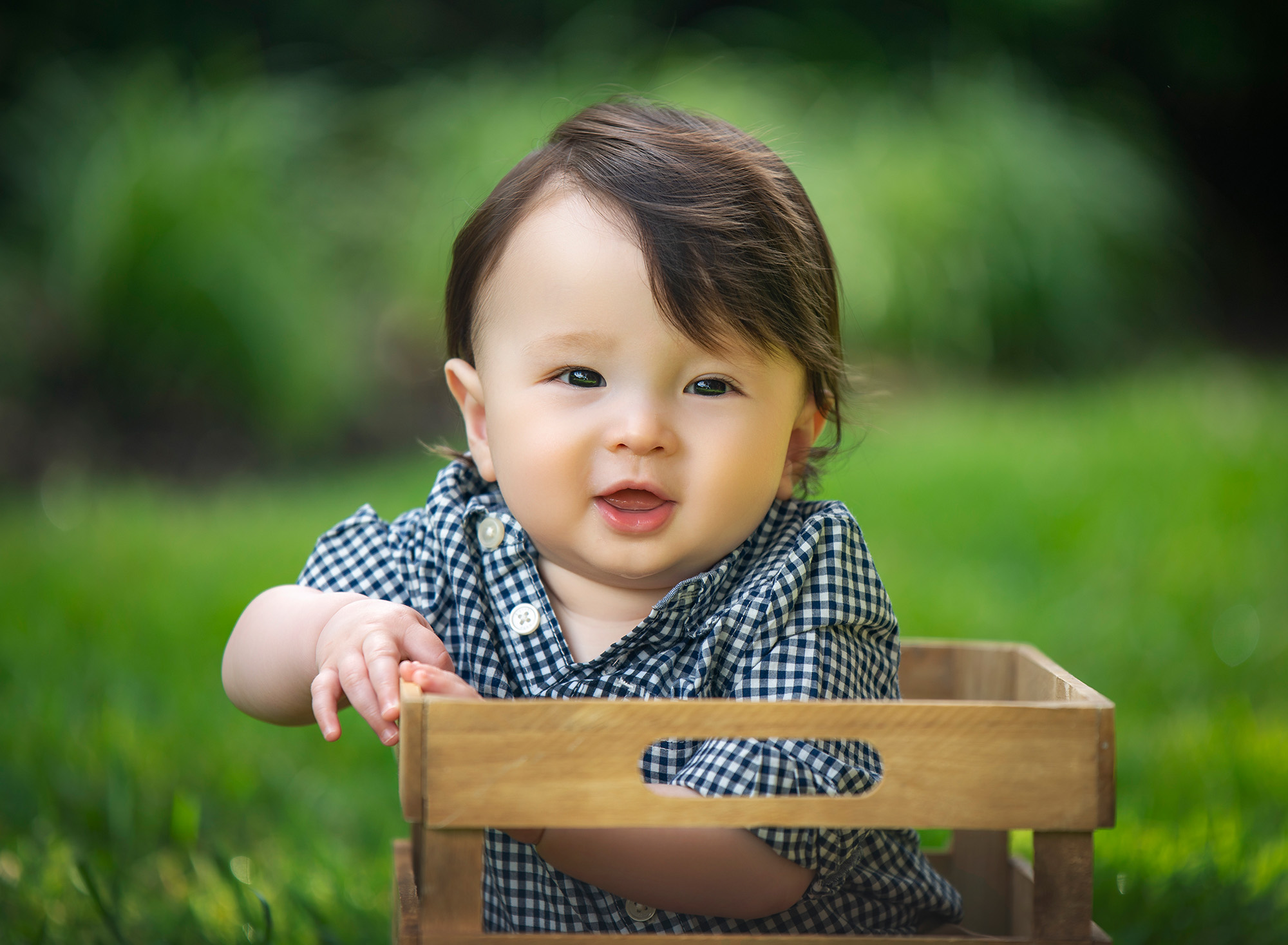 Springtime 6-month Baby Photos toddler in black and white checkered button up sitting in wooden crate