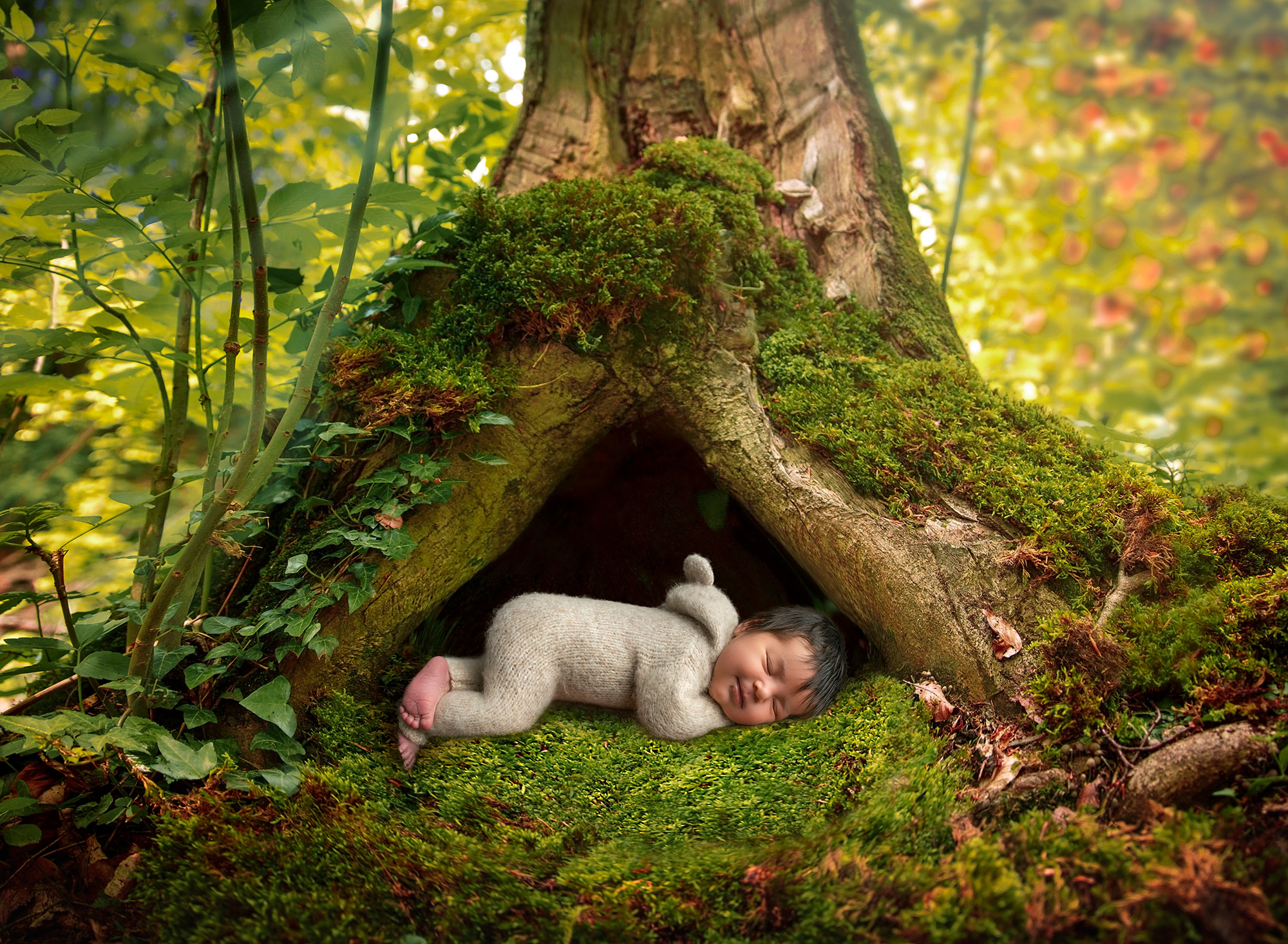 outdoorsy newborn photos newborn baby girl asleep inside of mossy hole in tree